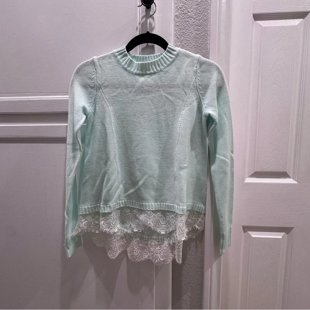 SO Aqua Lace-Hem Crewneck Sweater